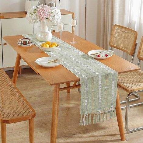 Camino de mesa, estilo bohemio, color crema, estilo casa de campo, con borlas, lavable, Diseño pequeño de jacquard doble verde, 33 x 122 cm (1/5)