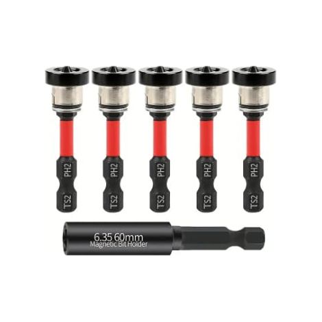 Lot de 5 embouts pour cloison sèche avec butée de profondeur, embouts de vissage magnétiques PH2 pour vis de construction sèche dans les plaques de plâtre, tige hexagonale 1/4", accessoires pour