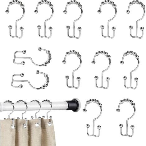Crochets de Douche - 12 Pièces Porte-Rideau à Double glissière  Anneaux pour Tringle à Douche  pour Placard Fenêtre Maison Salle-de-Bain Hôtel Dortoir Gymnase (1/5)