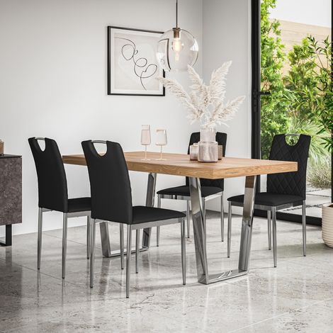 Aria Dining Table And Chairs -  Oak Effect Table Top w Chrome Legs + Monza Faux Leather Dining Chair w Chrome Legs Set Of 4 (Black) (1/5)