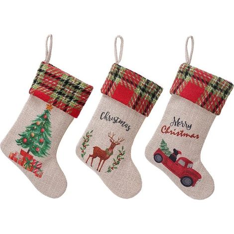 3 bas de Noël, sapin de Noël, orignal, lin, voiture, Christ (1/5)