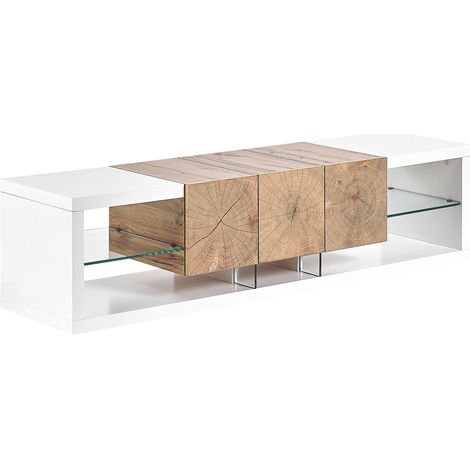 Mueble TV de madera clara y blanco unidad multimedia con estante para 2 gabinetes Fulerton