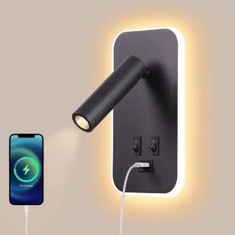 Applique murale LED, liseuse de chevet avec interrupteur, port de charge USB, éclairage d'ambiance de chambre à coucher Spot réglable (3W 3000K + 9W 6000K) Noir [Classe énergétique F] (1/5)