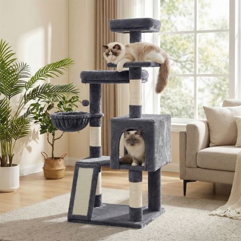 Arbre pour Chat avec 3 Plateformes, Maison et Panier, Griffoir, pour Salon, Hauteur 136 cm, Gris Foncé (1/5)