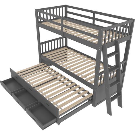 Kinder-Hochbett 90 x 200 cm aus Holz und MDF mit Ausziehbett und 3 Schubladen, grau MODENUIT (1/5)