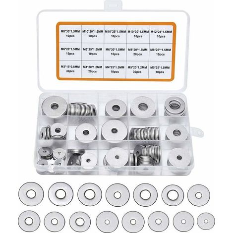 225PCS Rondelles Plates en 304 Acier Inoxydable Assortiment,M3 M4 M5 M6 M8 M10 M12 Rondelle Plate pour L'étanchéité des Vis Bagues D'étanchéité-Livré avec boîte (Gris) (1/5)
