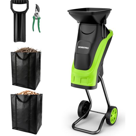 WORKPRO Broyeur de Végétaux Électrique 2500W, Coupe Max 44 mm, Lames SK5 Double Tranchant, 2 Sacs 45L, Trémie 7L, Roues 18 cm, avec Sécateur Inclus, pour Branches, Déchets Verts et Tailles de Jardin