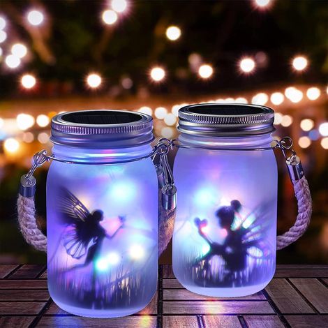 Lot de 2 lampes solaires d'extérieur, lanternes féériques en bocal de verre, lampes solaires étanches à suspendre ou à poser pour balcon et décoration de jardin (multicolores)-AquaForge