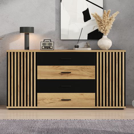 Sideboard 140x35x70cm aus MDF mit 4 Schubladen & 2 Türen, vertikale Rillenoptik Kommode mit verstellbaren Einlegeböden, Eiche-Schwarz Kombination Stauraumschrank für Wohnzimmer Esszimmer (1/5)
