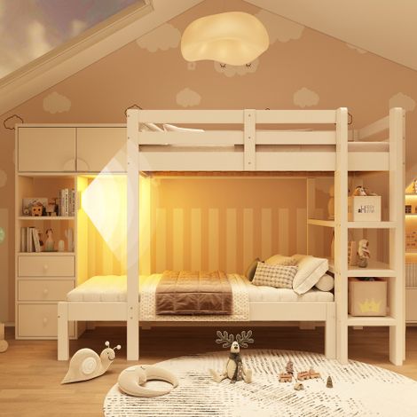Lit superposé 90x200 cm,avec veilleuse intelligente,lit double enfant,incluant armoire,lit mezzanine,avec garde-corps de sécurité pour escalier étagère et tiroirs, grand espace de rangement,blanc (1/5)