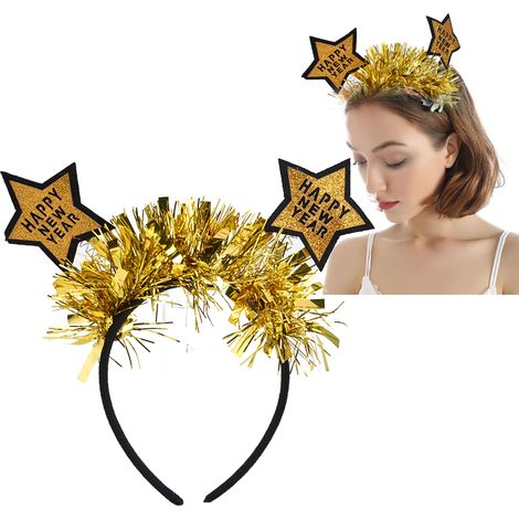 Haarreif zum Thema „Frohes Neues Jahr“ mit silbernem Metallicfaden und goldenem Stern. (1/5)