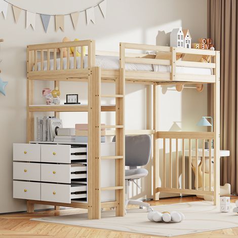 Hochbett 90x200 cm, mit Schreibtisch und 6 Schubladen, Aufbewahrungsregalen, Sicherheitstreppe, Sicherheitsgitter, Lattenrost, Kiefernholzbett - Natur (1/5)