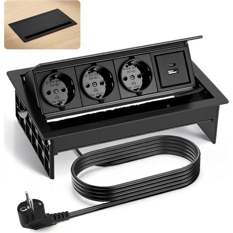 Prise Encastrable 3 Prises, avec 1 USB-C et 1 USB-A, Prise Table Escamotable Multiprise Alliage d'Aluminium, Câble d’Alimentation 2M, 20W USB, pour Bureau, Salle de Jeux, Salle de Réunion 2500W (1/5)
