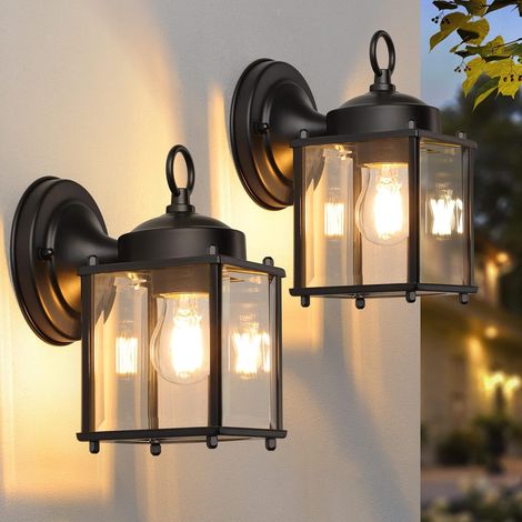 Wandlaterne für draußen, wasserdichte Wandleuchten für die Haustür, schwarz mit klarem, abgeschrägtem Glasschirm, rostbeständig, E26-Verandaleuchten für die Garage, 2er-Pack