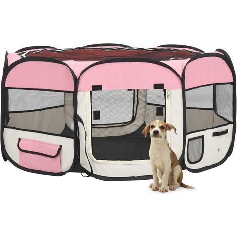 Parc pliable pour chien avec sac de transport, Parc pour Animaux de Compagnie, Tente Maison pour Chiens Rose 145x145x61cm MAE6026 (1/5)