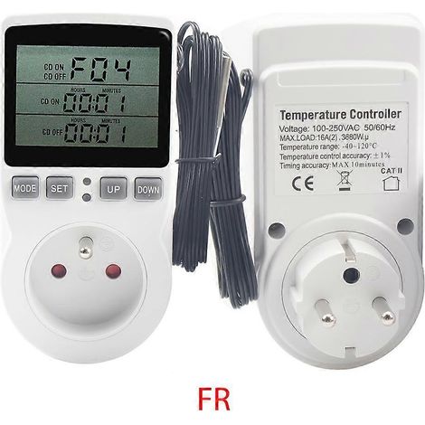 Minuterie numérique enfichable avec thermostat, prise programmable, étanche et ignifugée. (1/5)