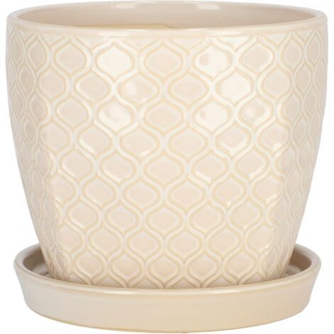 Pot de fleurs en céramique pour plantes ⌀ 17 cm Crème vintage avec bac d'égouttement Motif écailles de poisson-NANOTEH (1/5)