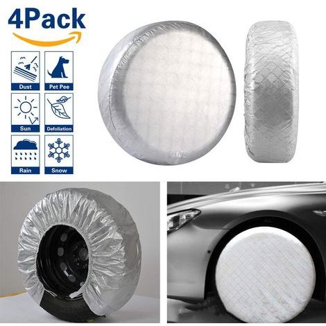 Tire Cover Set de 4, Pneu Film Aluminium étanche de Protection Solaire Couverture, Convient pour 19" à 22" diamètre du Pneu, pour RV Voyage Remorque SUV,Argent (1/4)