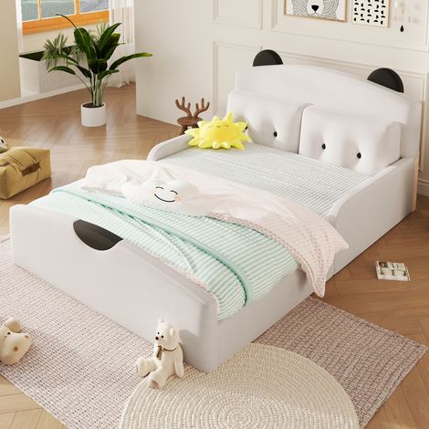Lit plateforme 140x200 avec revêtement en lin, sommier à tête capitonnée design ours, livré avec 2 oreillers décoratifs, teinte blanche (1/5)