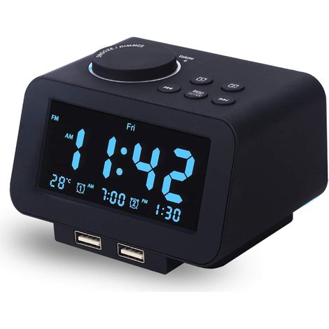 Réveil numérique, radio FM, deux ports de chargement USB, capteur de température, double alarme avec 7 sonneries, fonction snooze, variateur d'intensité à 6 niveaux, fonctionne sur piles, idéal pour l (1/5)