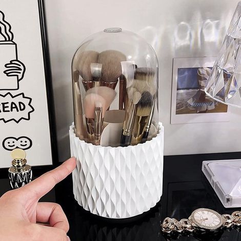 Drehbarer Kosmetikorganizer mit Deckel mit Pinselhalter zur Aufbewahrung von Kosmetikartikeln, Lippenstiften, Pinseln und Beauty Produkten weiß 2 (1/5)