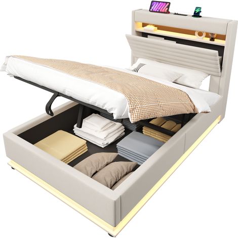 Lit coffre 90x200 avec rangement hydraulique & led, lit capitonné avec usb-c & app, design moderne en lin, sommier inclus, gain de place - beige (1/5)
