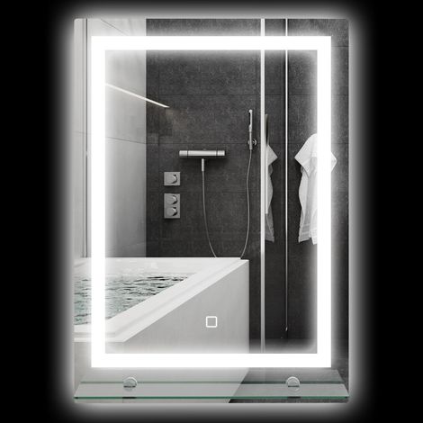 Miroir de salle de bain 50 x 70 cm avec 3 couleurs d'éclairage, étagère en verre, fonction mémoire et interrupteur tactile, argent