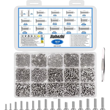Lot de 1610 mini vis à tête plate M1 M1,2 M1,4 M1,7 M2 M2,5 M3 mm pour montres, ordinateurs, montures de lunettes, micro-vis argentées (1/5)