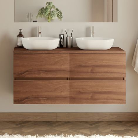 Meuble de salle de bain 120cm avec plateau et 2 vasques à poser arrondies - 4 tiroirs - sans miroir - noyer (bois foncé) - IDA (1/5)