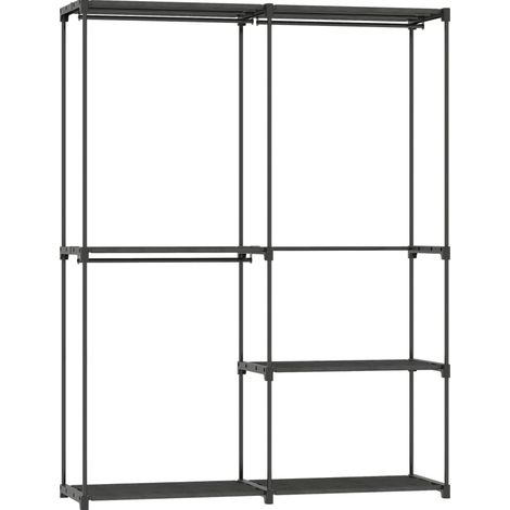 Appendiabiti portatile in metallo nero con 4 ripiani e zone appendiabiti, 142 x 43 x 185 cm (1/5)