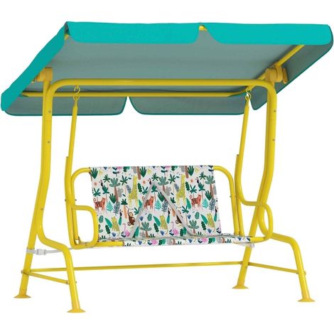 Balancelle enfant 2 places avec toit réglable et harnais de sécurité vert 112x75x120 cm pour 3-6 ans (1/5)