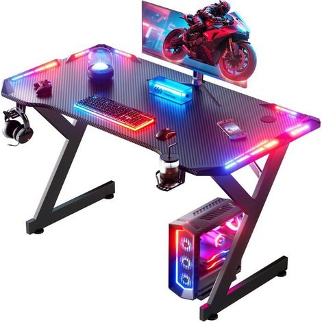 EcoFurnix LED Schreibtisch Gaming 100 × 60 cm, Ergonomisch mit Becherhalter und Kopfhörerhaken, Tischplatte aus Kohlefaser, Schwarz