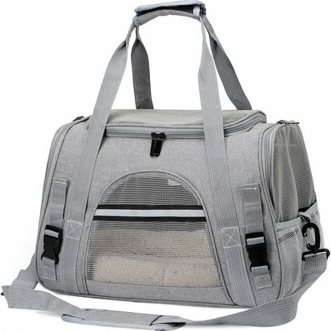 Bolsa de transporte para gatos Crediri, jaula plegable y transpirable para perros con correas ajustables, bolsa de transporte para gatitos, cachorros y conejos, gris (1/5)