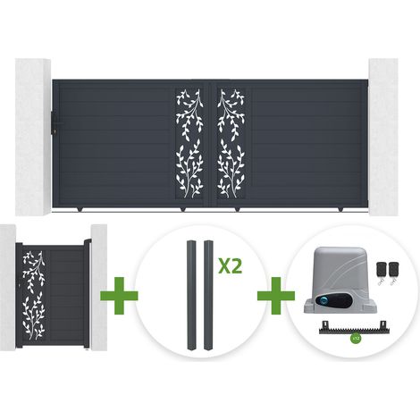 Portail coulissant 3,5m FOLYA H.140cm aluminium gris + 4 poteaux + Portillon 1m FOLYA H.140cm + motorisation Ranger C300 (1/5)