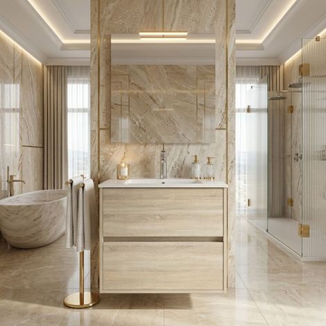 Meuble de salle de bain suspendu 80x45 cm chêne clair avec 2 tiroirs et lavabo inclus - Soria