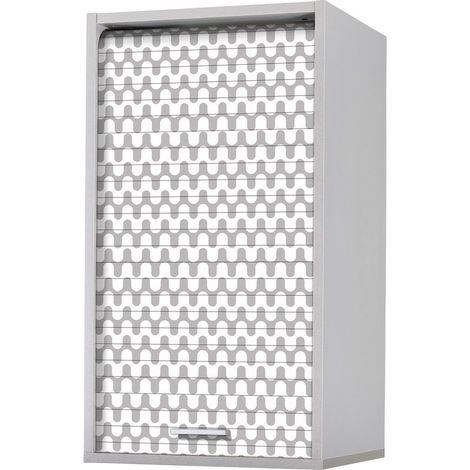 Beaux Meubles Pas Chers – Meuble haut de cuisine alu 40x72 cm – Rideau imprimé vagues grises – 2 tablettes réglables – Fixation murale incluse