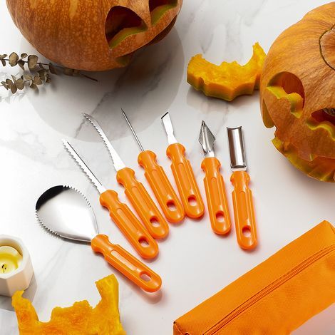 Kit de sculpture de citrouilles WmcyWell, outils et décoration Halloween : couteau acier inoxydable, citrouilles, cadeau idéal, orange, 7 pièces (1/5)