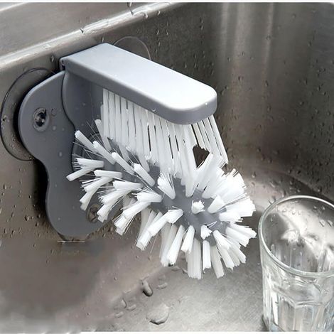 Brosse de nettoyage à ventouse 2 en 1 pour bouteille et verre pour évier, verres, gobelets, gris (1/5)