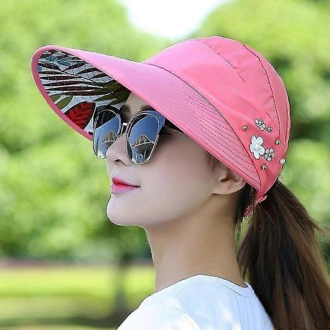 Chapeau de soleil pour femme, chapeau de plage, protection UV, visière anti-UV, casquette pliable pour l'extérieur (rouge) (1/4)