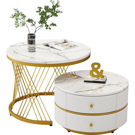 ELVMI Runde Couchtische im Set mit 2 Schubladen, Glänzendem Marmormuster, Wohnzimmer, MDF, Weiß (1/5)