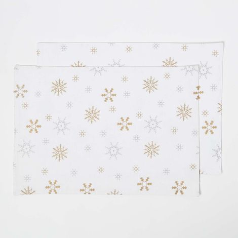 HOMESCAPES Tischset aus 100% Baumwolle, 2er-Set, weiß mit Schneeflocken-Muster