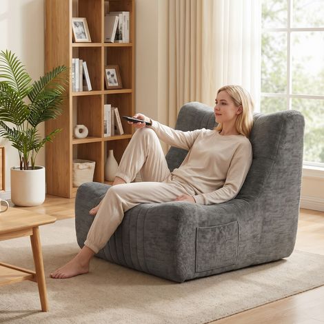 Fauteuil lounge papillon avec rangements latéraux, chaise de sol sans montage, 80x90x76 cm, gris marron (1/5)