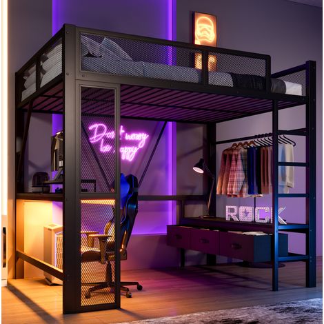 MEUBLIV Lit mezzanine 140x200 cm noir – bureau, rangement et LED, sans matelas (1/5)