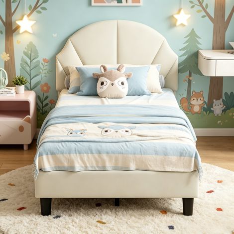 JOOKGBD-Lit Enfant 90x190 cm,Lit Simple Rembourré avec Tête de Lit Réglable en Hauteur, Sommier à Lattes en Bois Inclus, Velours Doux et Confortable pour Filles et Adolescentes,Sans Matelas,Beige (1/5)