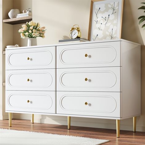 Commode Sideboard 6 Tiroirs - 120x40x75cm - Buffet Bas Design Moderne avec Motifs Ovales Creusés et Pieds en Métal - Blanc (1/5)