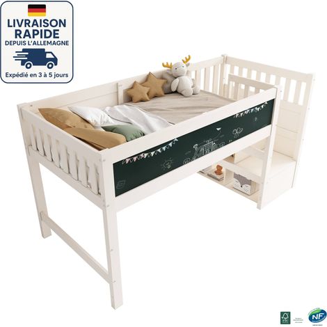 MODFU - Lit mezzanine enfant 90x200cm avec tableau noir, échelle de rangement, sommier à lattes, sans matelas, antichute, MDF, blanc (1/5)