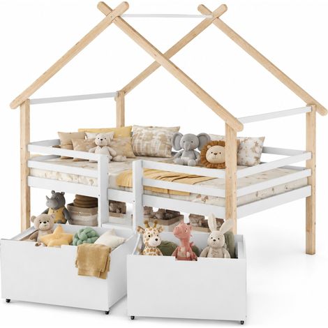 Lit cabane mi-hauteur 90x200 cm avec toit, escalier, 2 rangements à roulettes, protection 4 côtés, blanc et bois clair pour chambre d'enfant – CHICFURN (1/5)