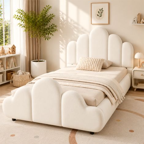 Lit simple enfant 90x200 cm, capitonné velours beige, tête de lit rembourrée, bords arrondis, literie confortable et sécurisée. (1/5)