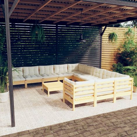 12-tlg. Garten-Lounge-Set mit Creme Kissen Kiefernholz (1/5)