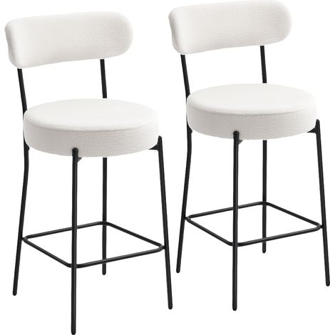 Set di 2 sgabelli da bar in tessuto bouclé, con schienale curvo e poggiapiedi, dimensioni 49x52x95 cm, colore crema.